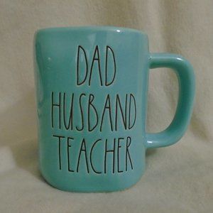 Rae Dunn Mug "Dad Husband Teacher" Gray letters on Teal Blue Coffee mug NEW